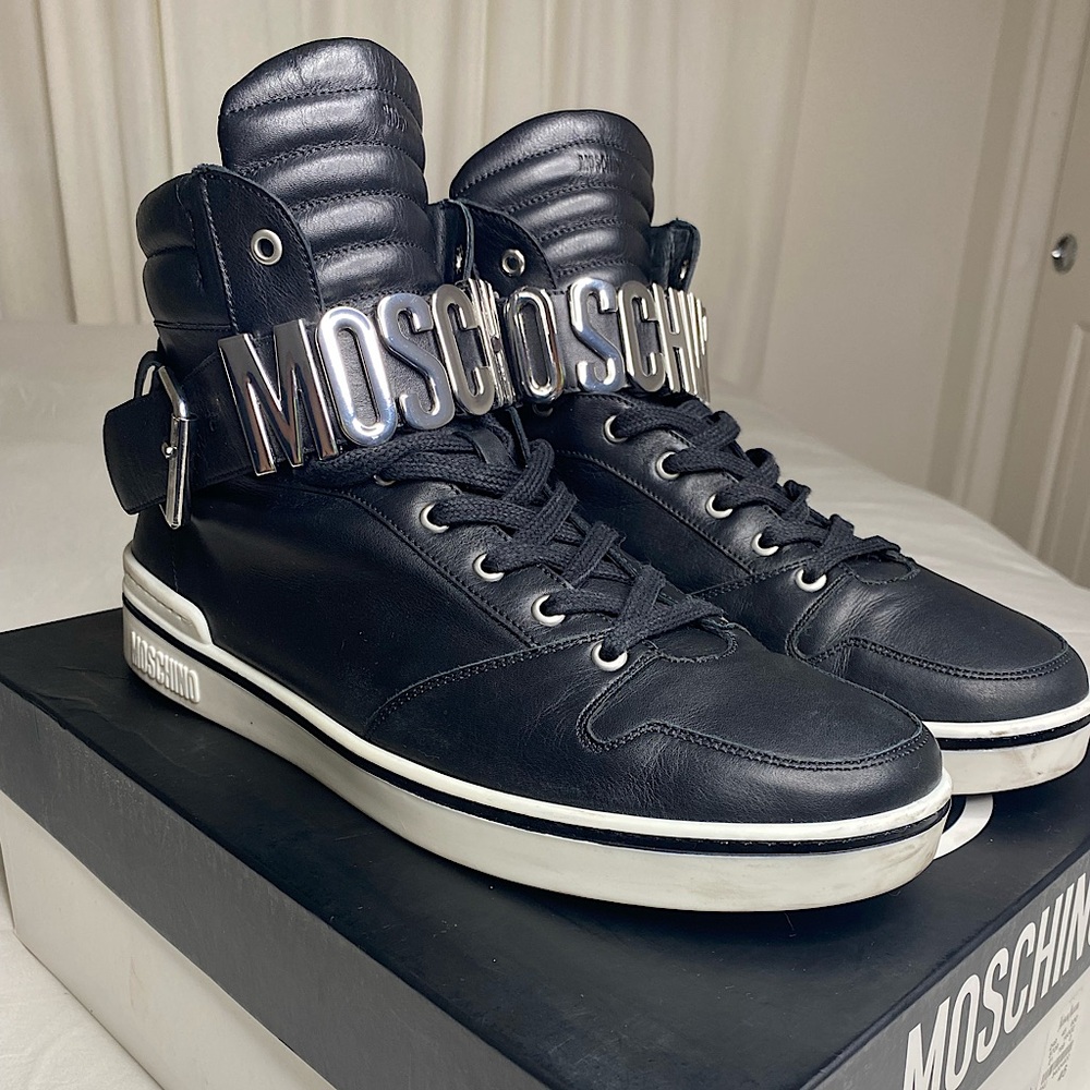 Moschino Leather High Top Sneakers Black White Silver Logo Buckle US 13 EU 46